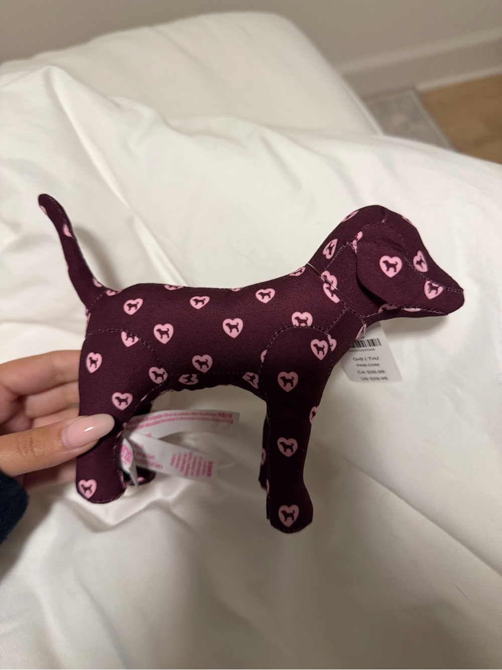 Victoria’s secret Pink collectible mini Dog in Maroon with Pink Heart Pattern